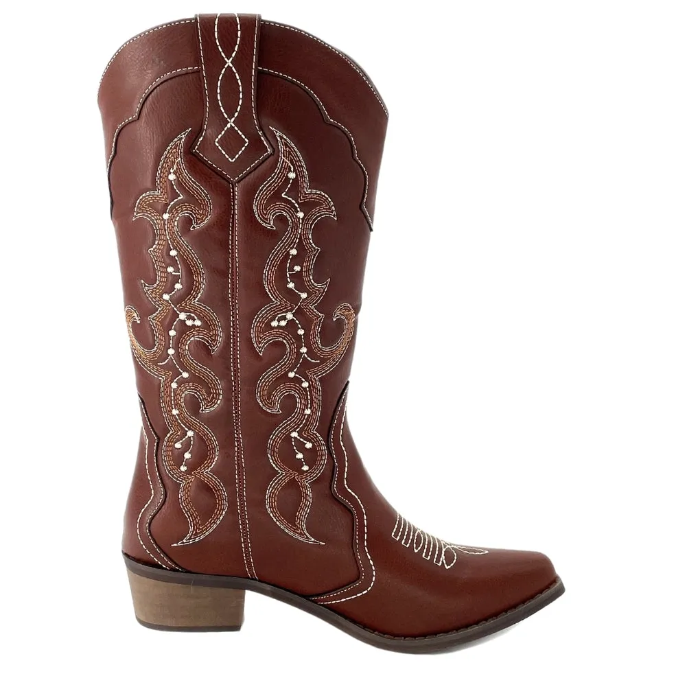 SheSole Womens Wide Calf Cowboy Cowgirls Boots Brown