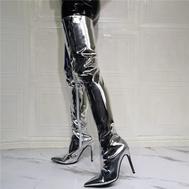 Shiny Silver Metallic Stiletto Patent Thigh High Unisex Boots