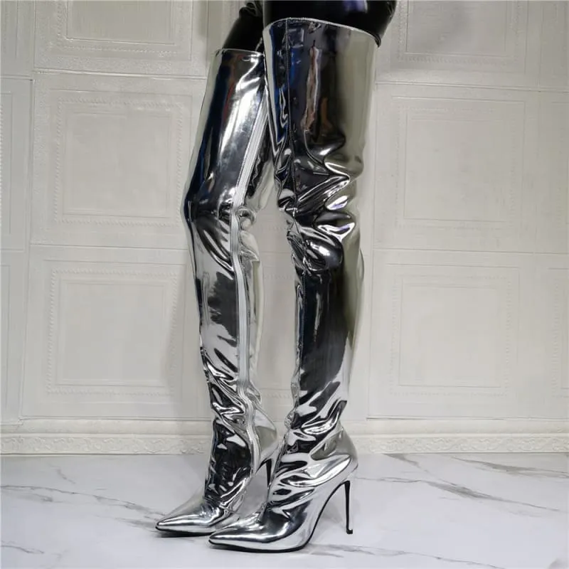 Shiny Silver Metallic Stiletto Patent Thigh High Unisex Boots