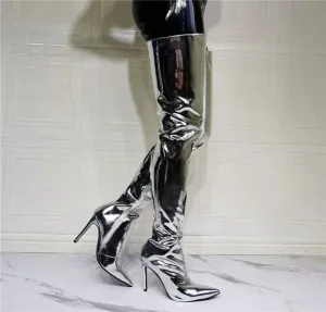 Shiny Silver Metallic Stiletto Patent Thigh High Unisex Boots