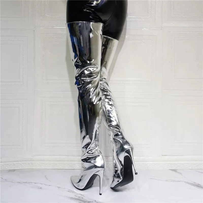 Shiny Silver Metallic Stiletto Patent Thigh High Unisex Boots