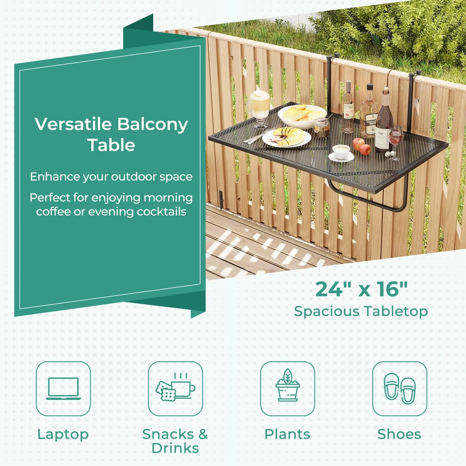 Tangkula Balcony Railing Table, Outdoor Folding Hanging Table with Metal Frame