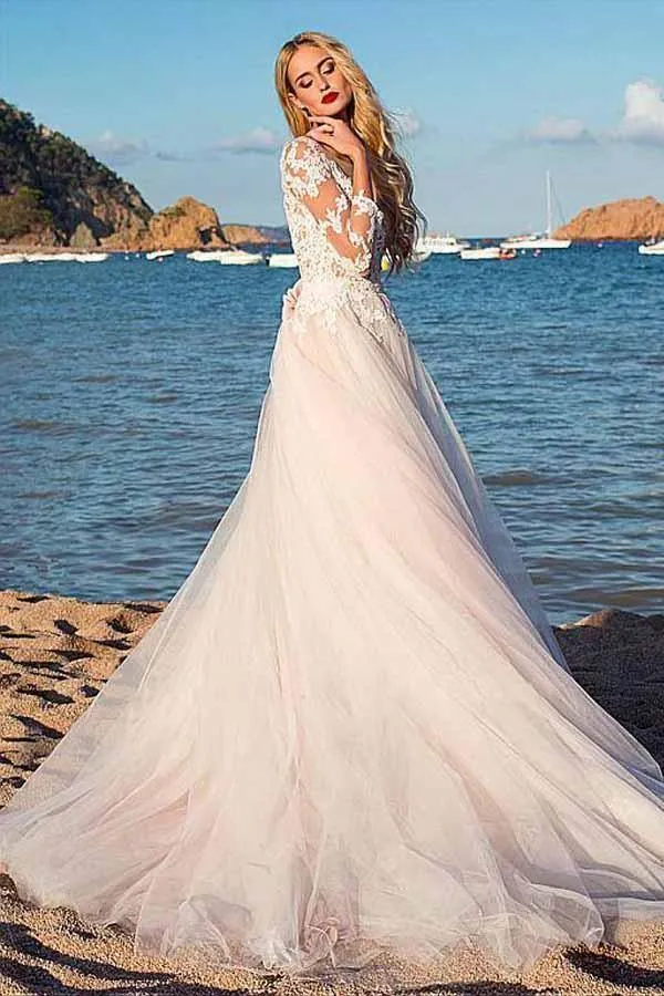 Tulle Scoop Neckline Beach Wedding Dress With Lace Appliques WD188