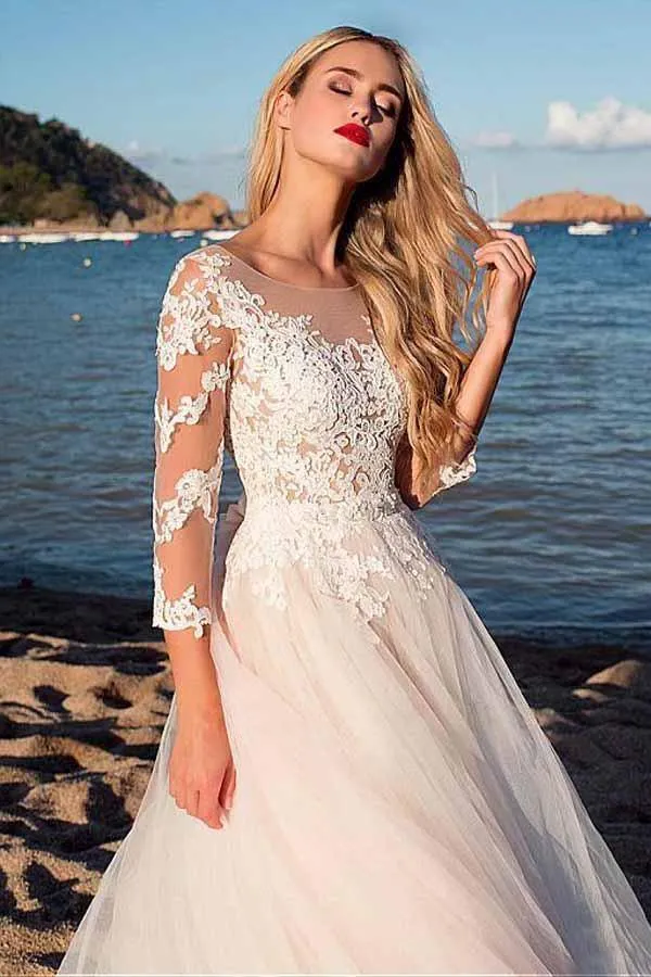 Tulle Scoop Neckline Beach Wedding Dress With Lace Appliques WD188