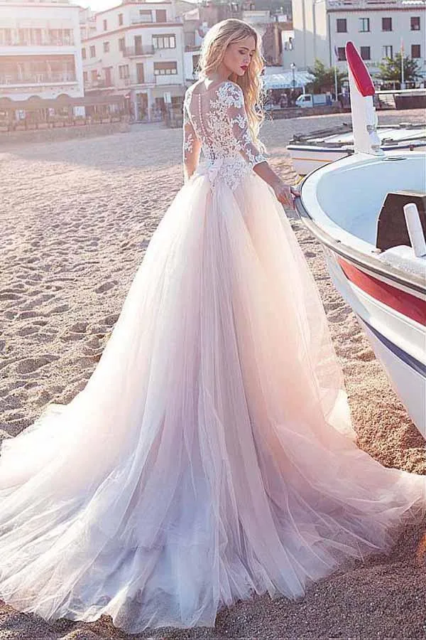 Tulle Scoop Neckline Beach Wedding Dress With Lace Appliques WD188