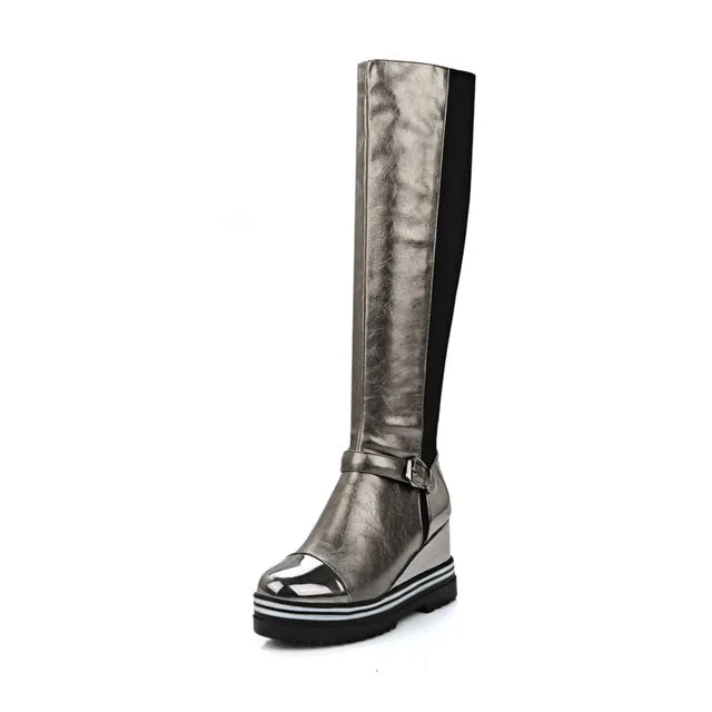 Wedge high heels patchwork knee-high Boots