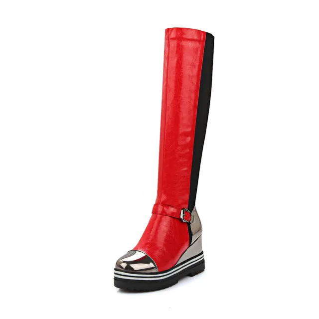 Wedge high heels patchwork knee-high Boots