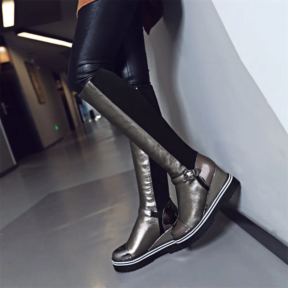 Wedge high heels patchwork knee-high Boots