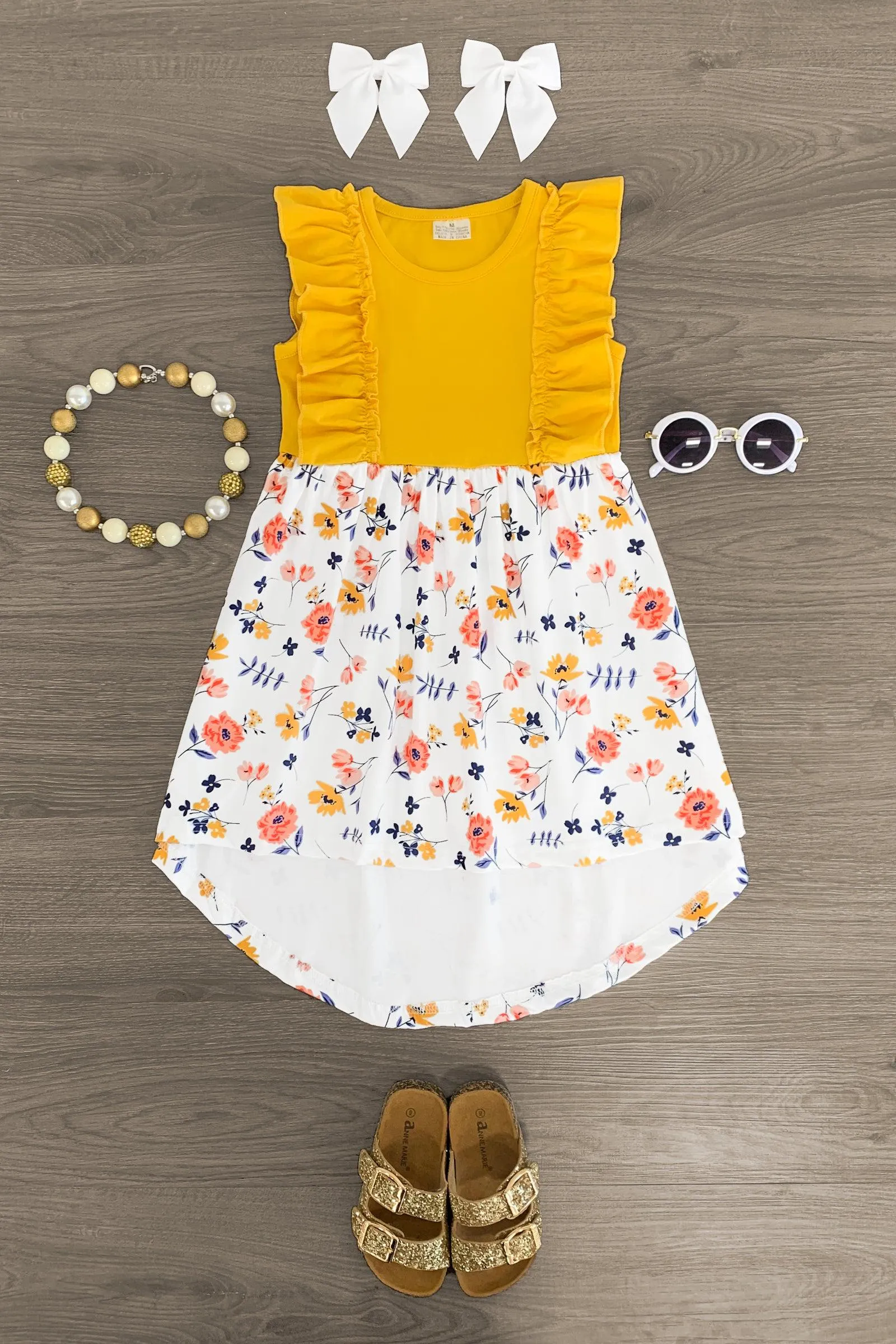 White & Mustard Floral Hi-Low Dress