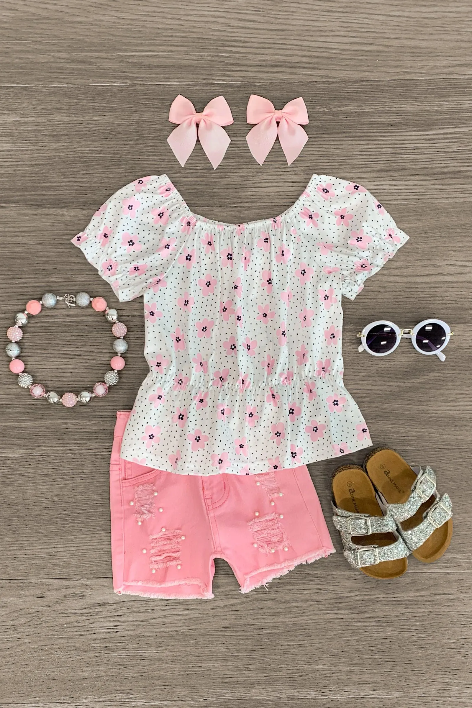 White & Pink Floral Pearl Denim Short Set