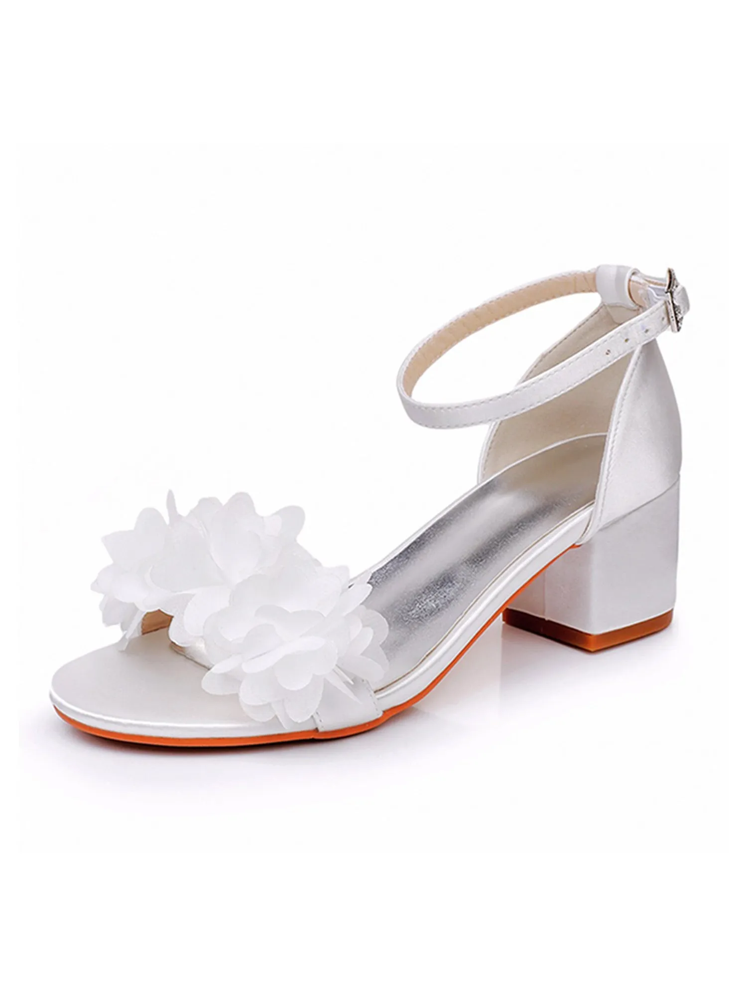 White Floral Satin Open Toe Low Chunky Heels