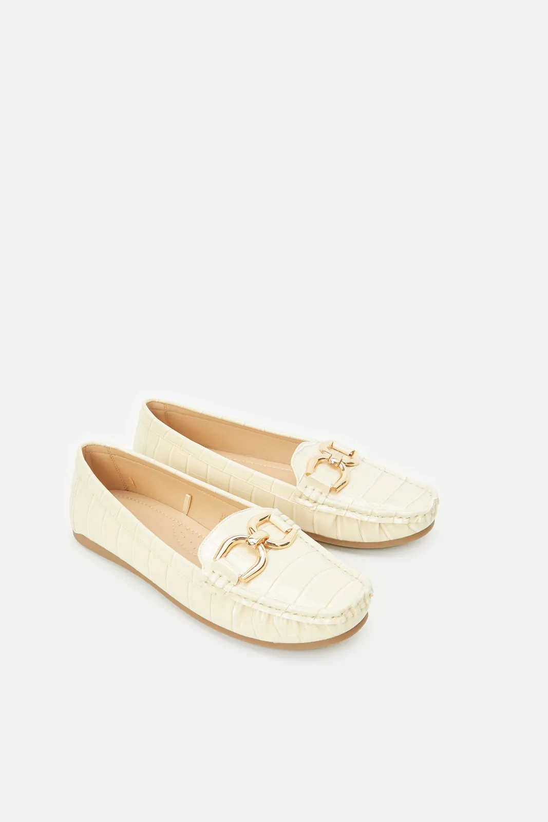 Women Beige Chain Patent Moccasins