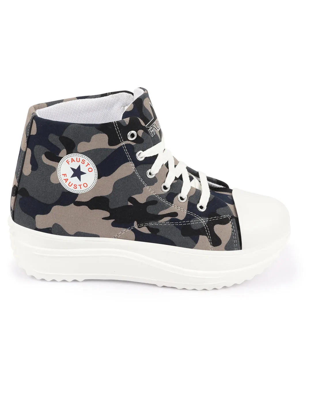 Women Grey High Ankle Top Wedge Heels Camouflage Print Canvas Lace Up Sneakers Shoes