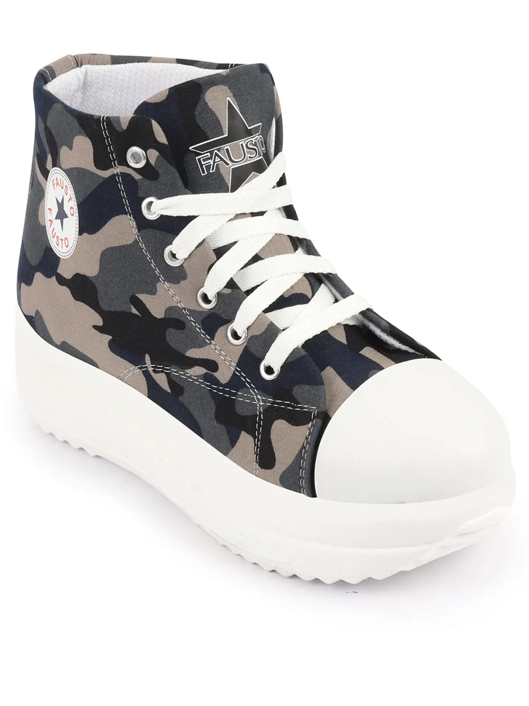 Women Grey High Ankle Top Wedge Heels Camouflage Print Canvas Lace Up Sneakers Shoes