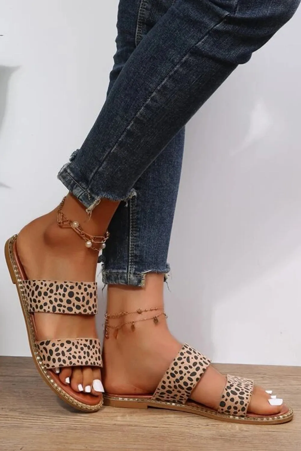 Women Leopard Pattern Open Toe Double Strap Summer Slippers Shoes