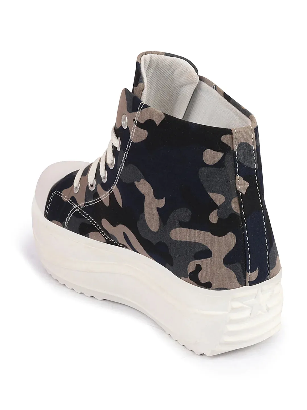 Women Navy Blue High Ankle Top Wedge Heels Camouflage Print Canvas Lace Up Sneakers Shoes