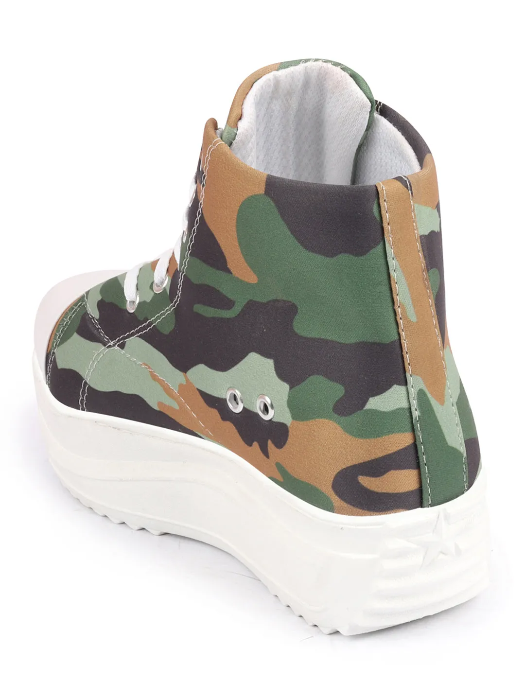 Women Olive Green High Ankle Top Wedge Heels Camouflage Print Canvas Lace Up Sneakers Shoes