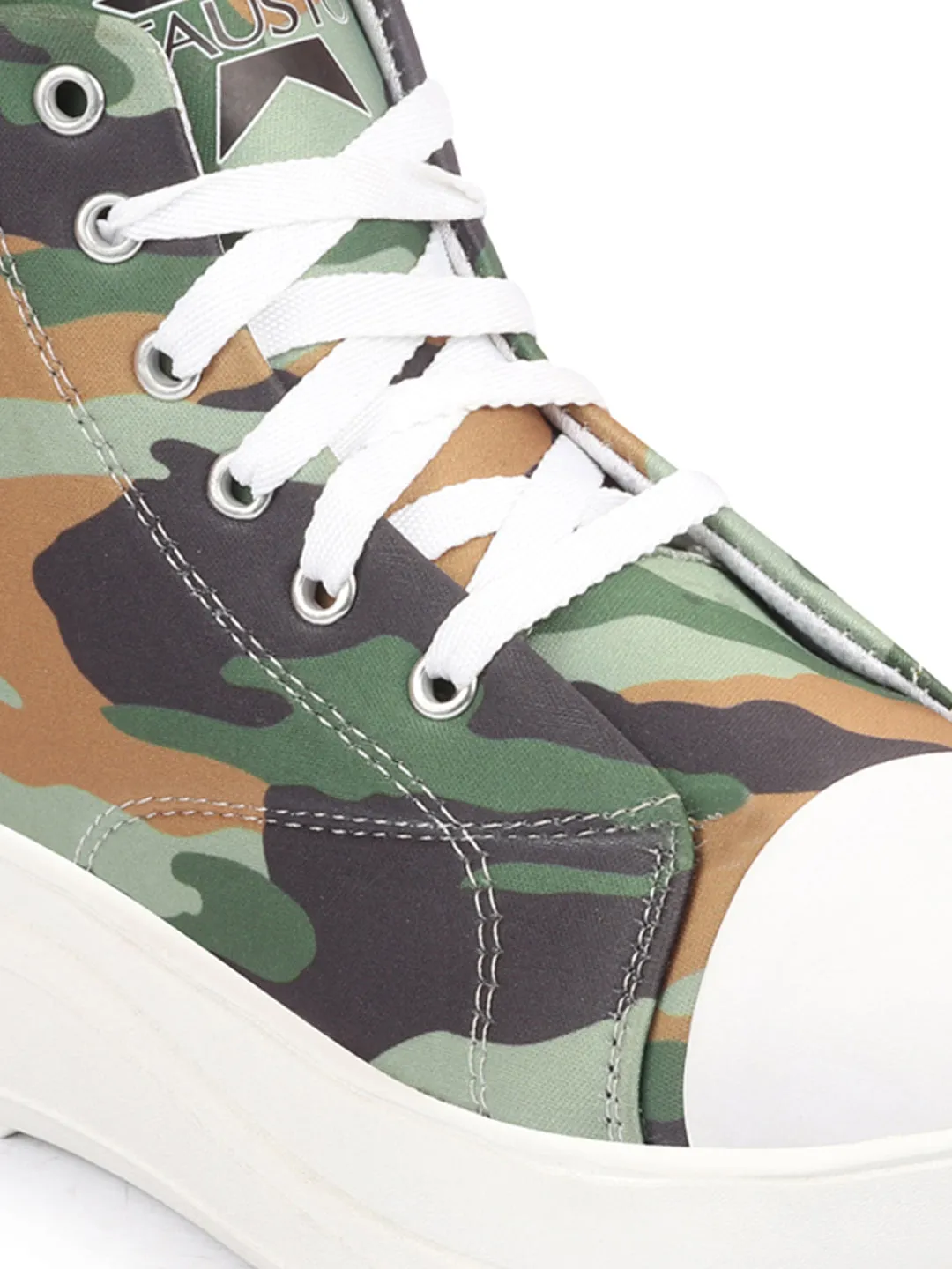 Women Olive Green High Ankle Top Wedge Heels Camouflage Print Canvas Lace Up Sneakers Shoes