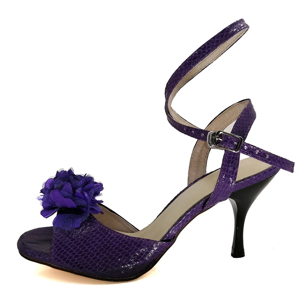 Women's Argentine Tango Shoes High Heel Dance Sandals Leather Sole Purple