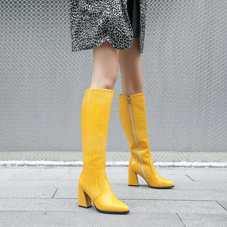 Women's Crocodile Pattern Pu Leather Pointed Toe Side Zippers Block Chunky Heel Knee High Boots