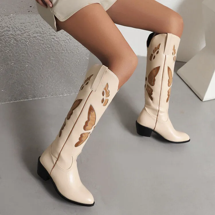 Women's Ethnic Pointed Toe Butterfly Printed Puppy Heel Cowboy Knee High Boots