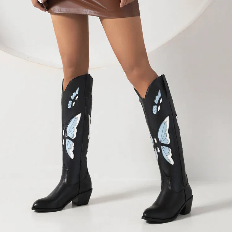 Women's Ethnic Pointed Toe Butterfly Printed Puppy Heel Cowboy Knee High Boots