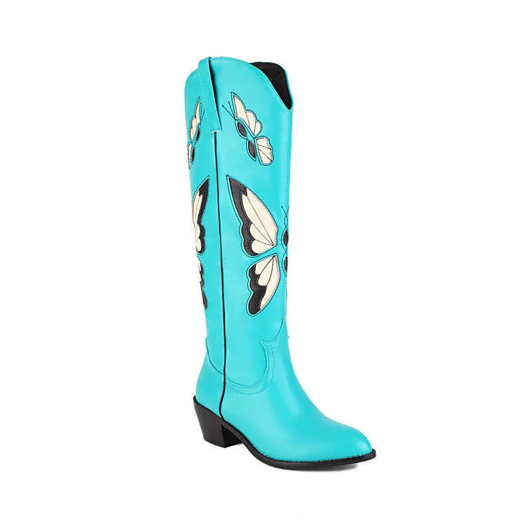 Women's Ethnic Pointed Toe Butterfly Printed Puppy Heel Cowboy Knee High Boots