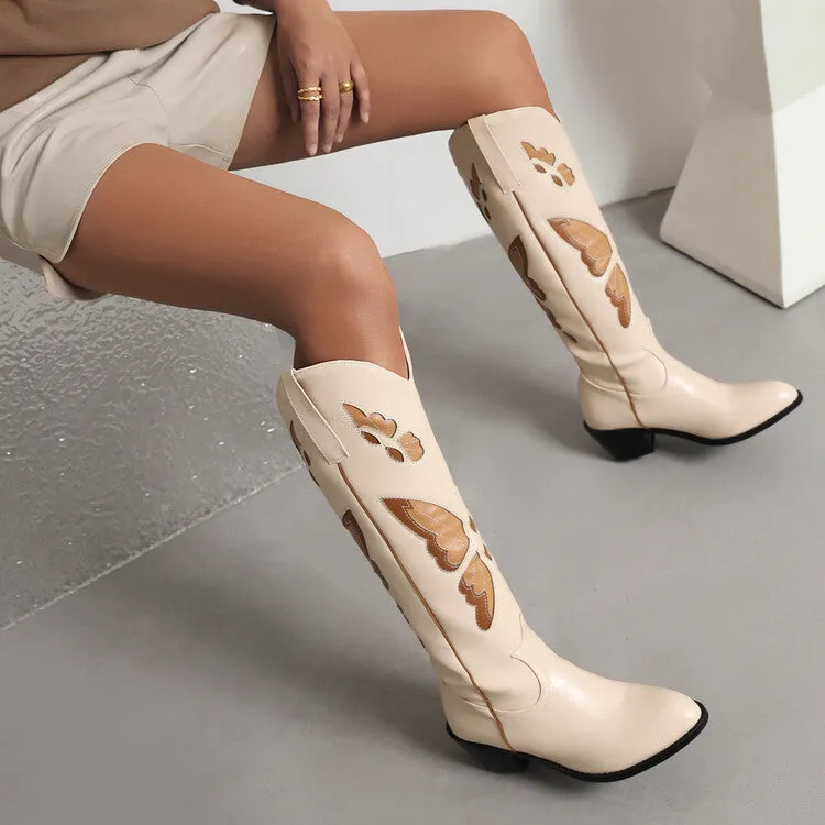 Women's Ethnic Pointed Toe Butterfly Printed Puppy Heel Cowboy Knee High Boots