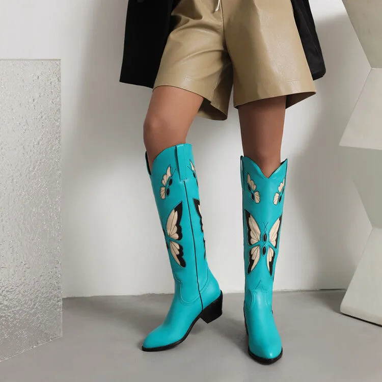 Women's Ethnic Pointed Toe Butterfly Printed Puppy Heel Cowboy Knee High Boots