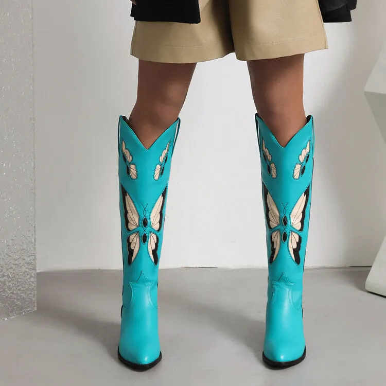 Women's Ethnic Pointed Toe Butterfly Printed Puppy Heel Cowboy Knee High Boots