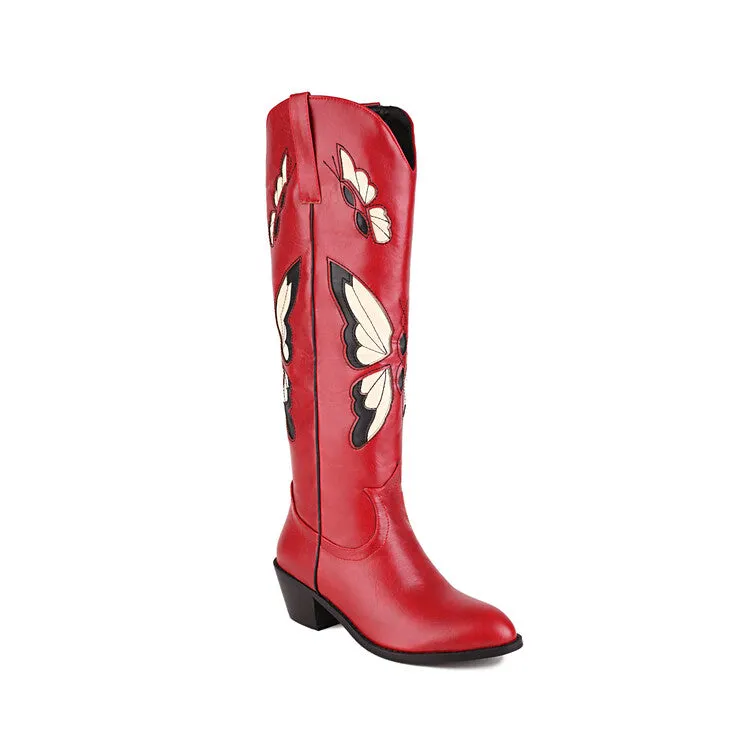 Women's Ethnic Pointed Toe Butterfly Printed Puppy Heel Cowboy Knee High Boots