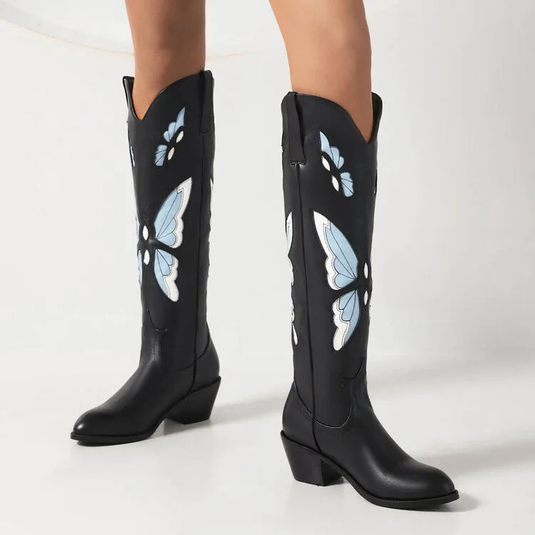 Women's Ethnic Pointed Toe Butterfly Printed Puppy Heel Cowboy Knee High Boots