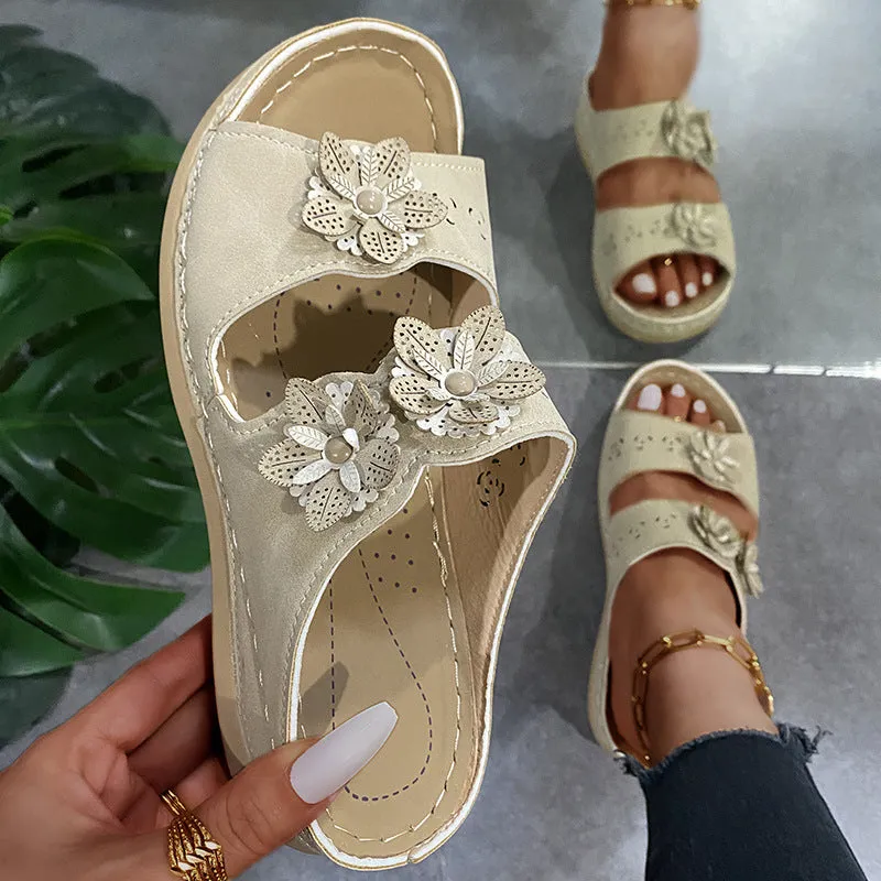 Womens Flower Flat Round Open Toes Wedge Casual Sandals