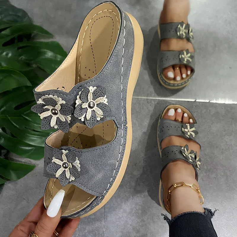 Womens Flower Flat Round Open Toes Wedge Casual Sandals