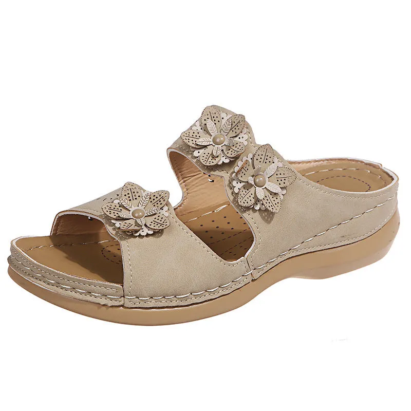 Womens Flower Flat Round Open Toes Wedge Casual Sandals