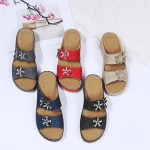 Womens Flower Flat Round Open Toes Wedge Casual Sandals