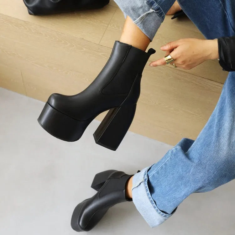 Women's Glossy Stretch Block Chunky Heel Platform Ankle Boots