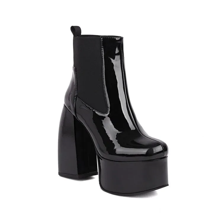 Women's Glossy Stretch Block Chunky Heel Platform Ankle Boots