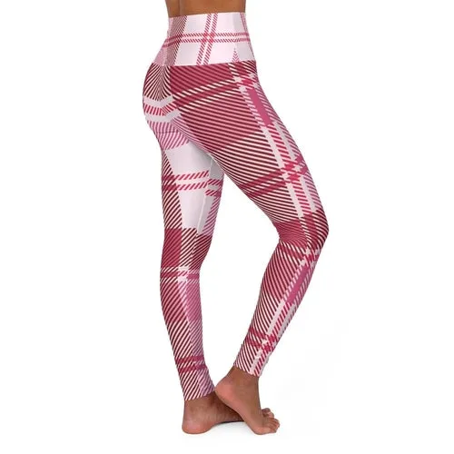 Womens High Waist Fitness Leggings / Yoga Pants - Pink Plaid