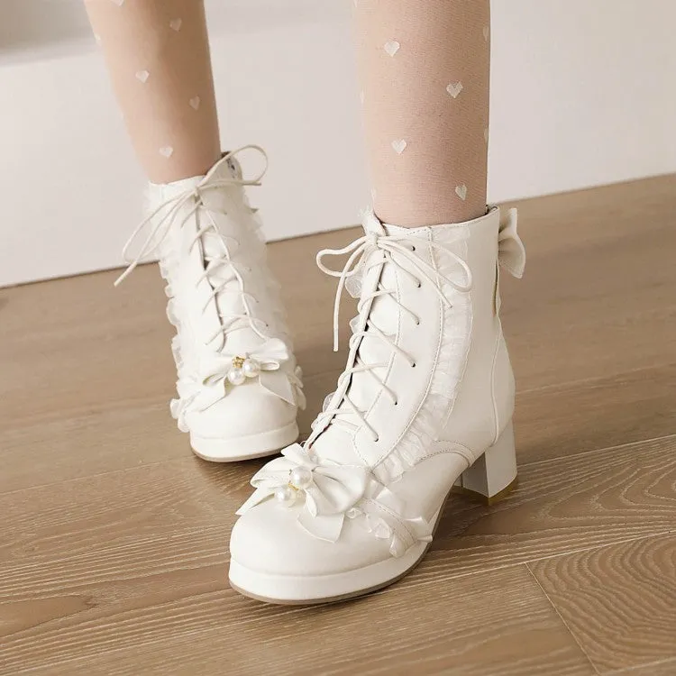 Women's Lace Bow Tie Pearls Block Chunky Heel Ankle Boots