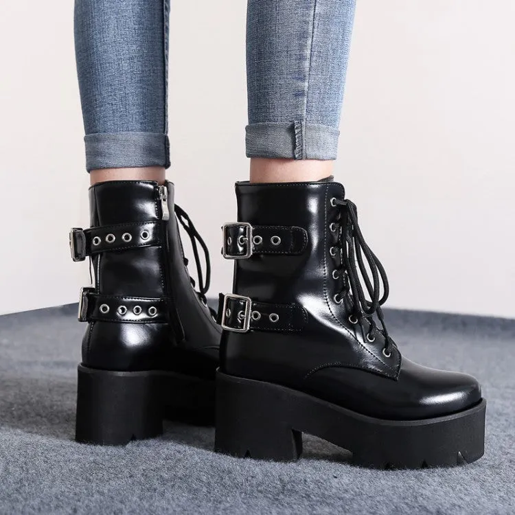 Women's Lace Up Buckle Straps Riding Block Chunky Heel Platform Short Boots