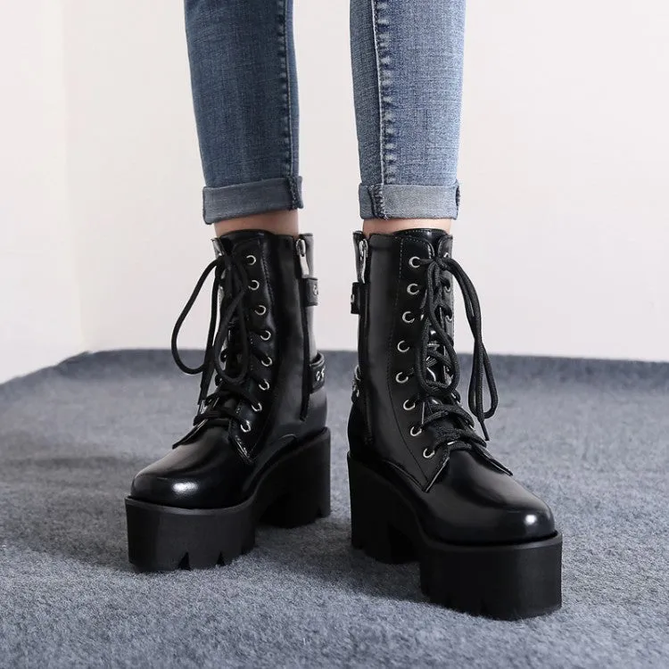 Women's Lace Up Buckle Straps Riding Block Chunky Heel Platform Short Boots