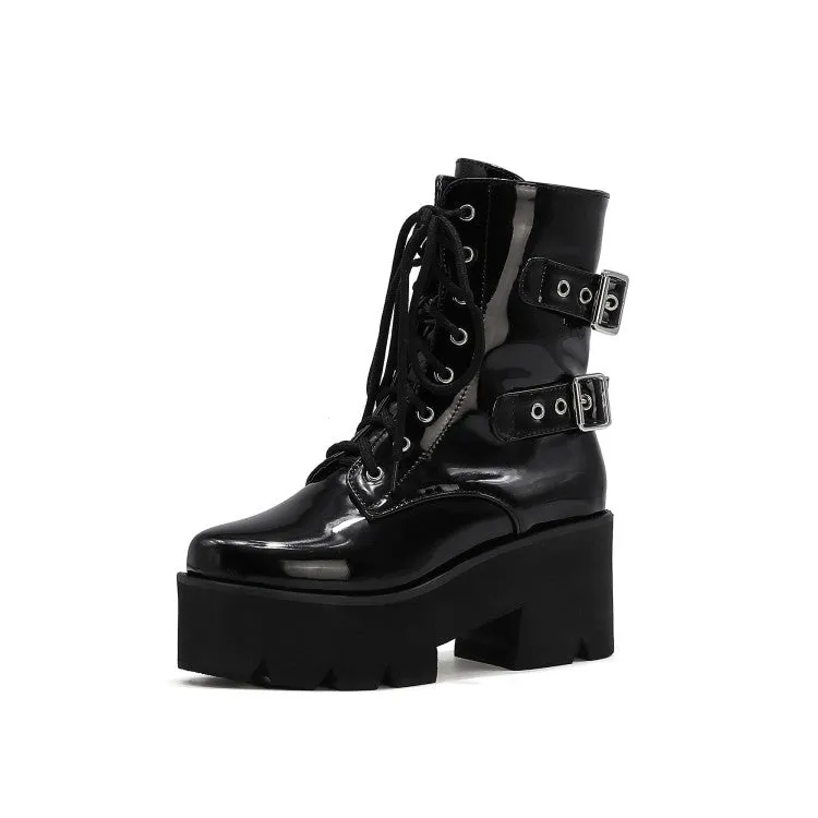 Women's Lace Up Buckle Straps Riding Block Chunky Heel Platform Short Boots