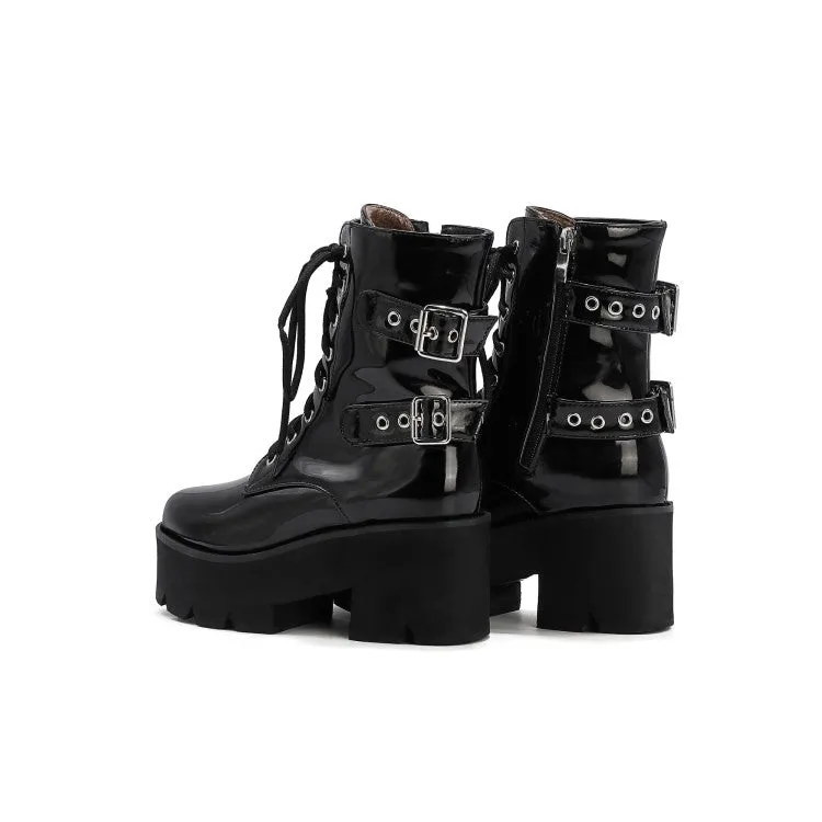 Women's Lace Up Buckle Straps Riding Block Chunky Heel Platform Short Boots