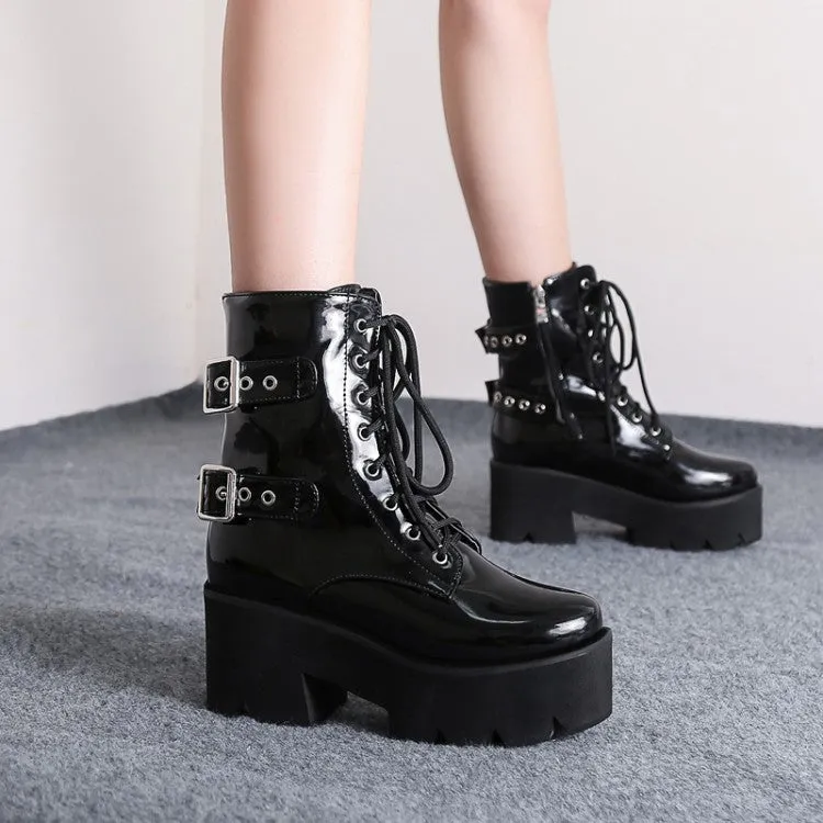 Women's Lace Up Buckle Straps Riding Block Chunky Heel Platform Short Boots