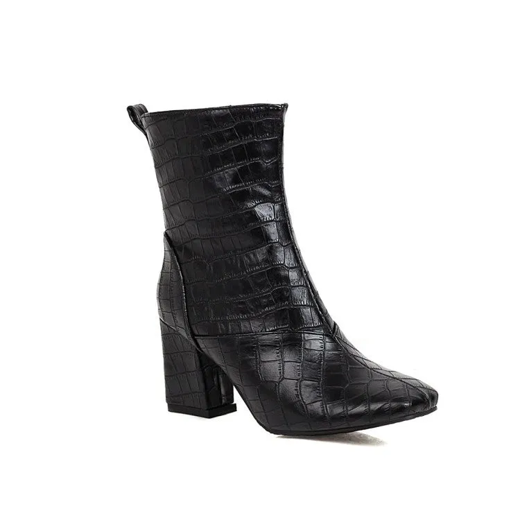 Women's Pu Leather Crocodile Pattern Side Zippers Block Heel Short Boots