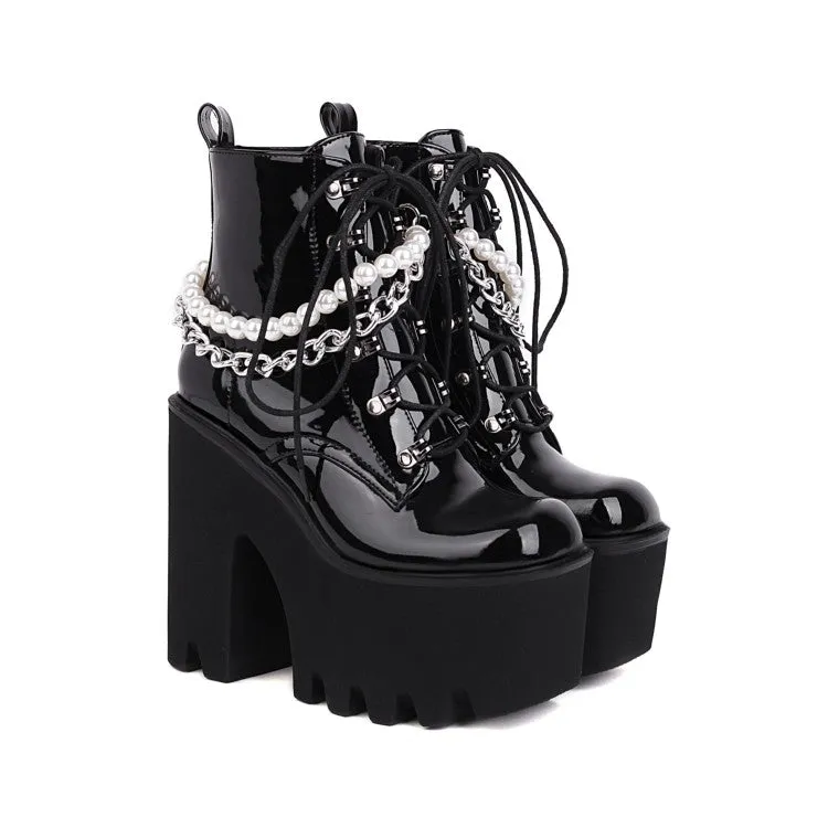 Women's Pu Leather Lace Up Metal Pearls Chains Block Chunky Heel Platform Riding Ankle Boots