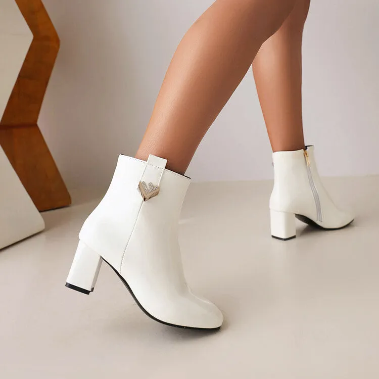 Women's Pu Leather Side Zippers Rhinestone Block Chunky Heel Short Boots