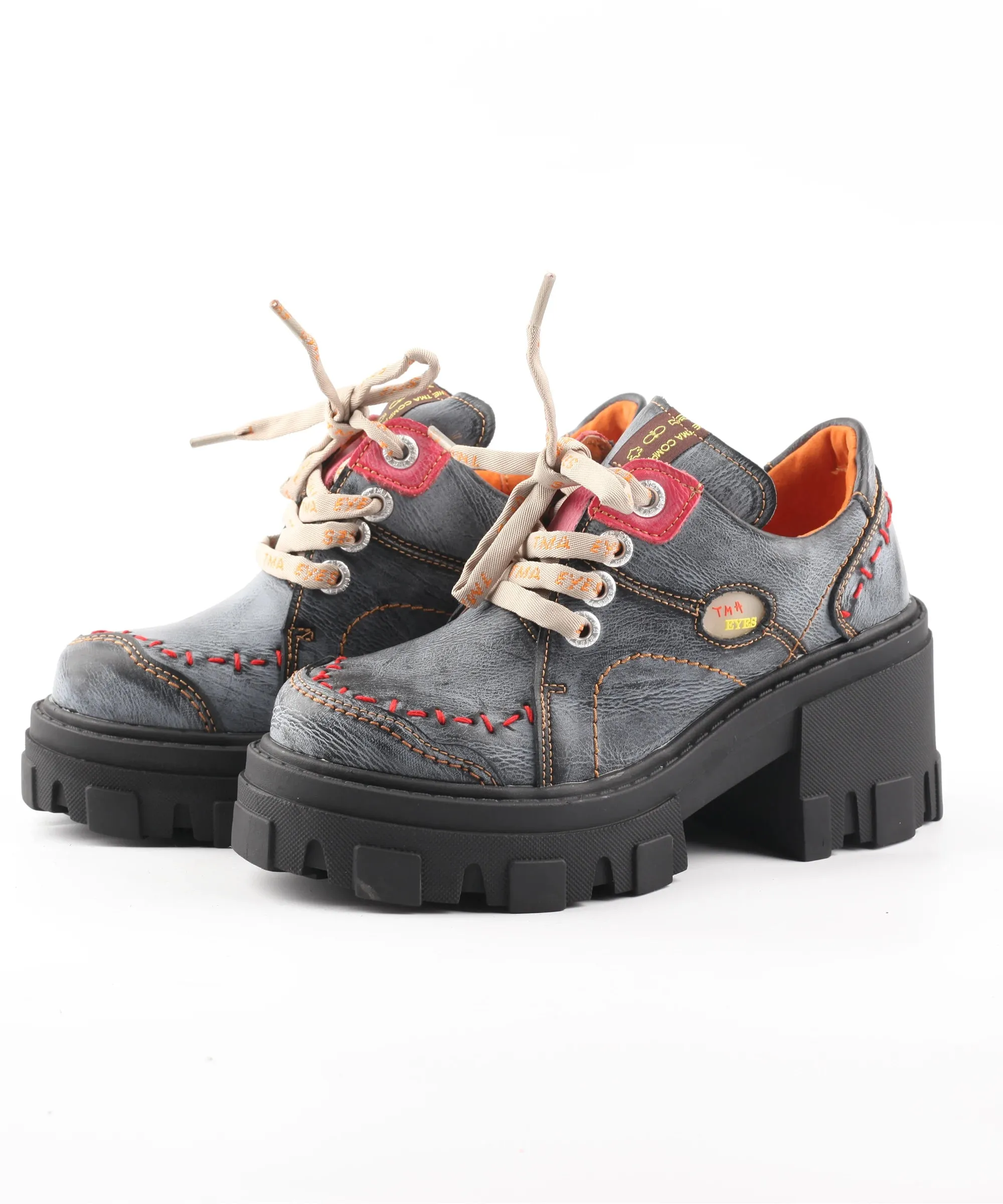 Women's Retro Hand-Stitched Lace Up Washed Leather Round Toe Levitators